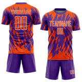 Custom Purple Orange-White Splatter Torn Sharp Brush Stroke Sublimation Soccer Uniform Jersey