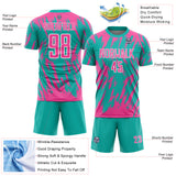 Custom Aqua Pink-White Splatter Torn Sharp Brush Stroke Sublimation Soccer Uniform Jersey