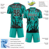 Custom Aqua Black-White Splatter Torn Sharp Brush Stroke Sublimation Soccer Uniform Jersey