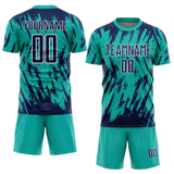Custom Aqua Navy-White Splatter Torn Sharp Brush Stroke Sublimation Soccer Uniform Jersey