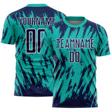 Custom Aqua Navy-White Splatter Torn Sharp Brush Stroke Sublimation Soccer Uniform Jersey