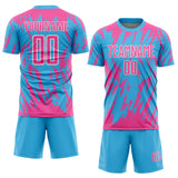 Custom Sky Blue Pink-White Splatter Torn Sharp Brush Stroke Sublimation Soccer Uniform Jersey