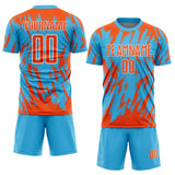 Custom Sky Blue Orange-White Splatter Torn Sharp Brush Stroke Sublimation Soccer Uniform Jersey
