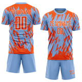 Custom Light Blue Orange-White Splatter Torn Sharp Brush Stroke Sublimation Soccer Uniform Jersey