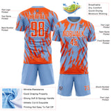Custom Light Blue Orange-White Splatter Torn Sharp Brush Stroke Sublimation Soccer Uniform Jersey