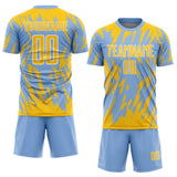 Custom Light Blue Yellow-White Splatter Torn Sharp Brush Stroke Sublimation Soccer Uniform Jersey