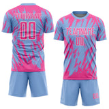 Custom Light Blue Pink-White Splatter Torn Sharp Brush Stroke Sublimation Soccer Uniform Jersey