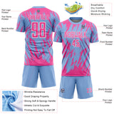 Custom Light Blue Pink-White Splatter Torn Sharp Brush Stroke Sublimation Soccer Uniform Jersey