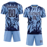 Custom Light Blue Navy-White Splatter Torn Sharp Brush Stroke Sublimation Soccer Uniform Jersey