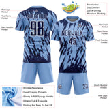 Custom Light Blue Navy-White Splatter Torn Sharp Brush Stroke Sublimation Soccer Uniform Jersey