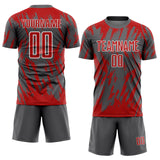 Custom Steel Gray Red-White Splatter Torn Sharp Brush Stroke Sublimation Soccer Uniform Jersey
