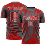 Custom Steel Gray Red-White Splatter Torn Sharp Brush Stroke Sublimation Soccer Uniform Jersey