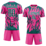 Custom Pink Teal-White Splatter Torn Sharp Brush Stroke Sublimation Soccer Uniform Jersey