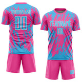 Custom Pink Sky Blue-White Splatter Torn Sharp Brush Stroke Sublimation Soccer Uniform Jersey