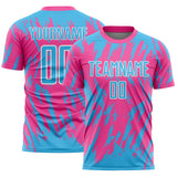 Custom Pink Sky Blue-White Splatter Torn Sharp Brush Stroke Sublimation Soccer Uniform Jersey