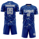 Custom Royal Gray-White Abstract Network Crackle Sublimation Soccer Uniform Jersey