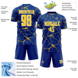 Custom Royal Yellow-White Abstract Network Crackle Sublimation Soccer Uniform Jersey