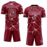 Custom Crimson-White Abstract Network Crackle Sublimation Soccer Uniform Jersey