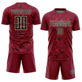 Custom Crimson Black-Cream Abstract Network Crackle Sublimation Soccer Uniform Jersey