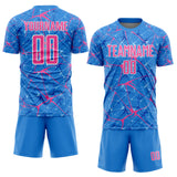 Custom Powder Blue Pink-White Abstract Network Crackle Sublimation Soccer Uniform Jersey