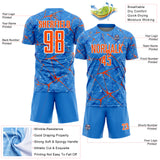 Custom Powder Blue Orange-White Abstract Network Crackle Sublimation Soccer Uniform Jersey