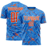 Custom Powder Blue Orange-White Abstract Network Crackle Sublimation Soccer Uniform Jersey
