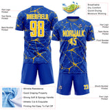 Custom Thunder Blue Yellow-White Abstract Network Crackle Sublimation Soccer Uniform Jersey