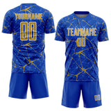 Custom Thunder Blue Old Gold-White Abstract Network Crackle Sublimation Soccer Uniform Jersey