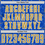 Custom Thunder Blue Old Gold-White Abstract Network Crackle Sublimation Soccer Uniform Jersey