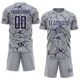 Custom Gray Navy-White Abstract Network Crackle Sublimation Soccer Uniform Jersey