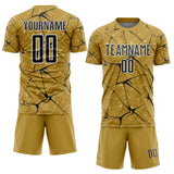 Custom Old Gold Black-White Abstract Network Crackle Sublimation Soccer Uniform Jersey