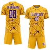 Custom Gold Purple-White Abstract Network Crackle Sublimation Soccer Uniform Jersey