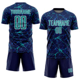 Custom Navy Teal-White Abstract Network Crackle Sublimation Soccer Uniform Jersey