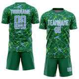 Custom Kelly Green Light Blue-White Abstract Network Crackle Sublimation Soccer Uniform Jersey