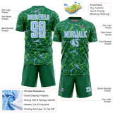 Custom Kelly Green Light Blue-White Abstract Network Crackle Sublimation Soccer Uniform Jersey