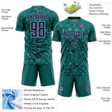 Custom Teal Navy-Gray Abstract Network Crackle Sublimation Soccer Uniform Jersey