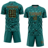 Custom Teal Black-Old Gold Abstract Network Crackle Sublimation Soccer Uniform Jersey