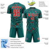 Custom Teal Red-White Abstract Network Crackle Sublimation Soccer Uniform Jersey
