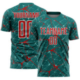 Custom Teal Red-White Abstract Network Crackle Sublimation Soccer Uniform Jersey
