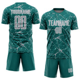 Custom Teal Gray-White Abstract Network Crackle Sublimation Soccer Uniform Jersey