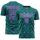 Custom Teal Purple-White Abstract Network Crackle Sublimation Soccer Uniform Jersey