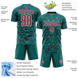 Custom Teal Crimson-White Abstract Network Crackle Sublimation Soccer Uniform Jersey