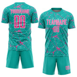 Custom Aqua Pink-White Abstract Network Crackle Sublimation Soccer Uniform Jersey