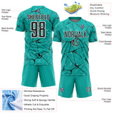 Custom Aqua Black-White Abstract Network Crackle Sublimation Soccer Uniform Jersey
