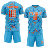 Custom Sky Blue Orange-White Abstract Network Crackle Sublimation Soccer Uniform Jersey