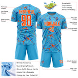 Custom Sky Blue Orange-White Abstract Network Crackle Sublimation Soccer Uniform Jersey