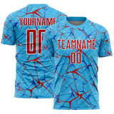 Custom Sky Blue Red-White Abstract Network Crackle Sublimation Soccer Uniform Jersey