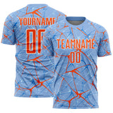 Custom Light Blue Orange-White Abstract Network Crackle Sublimation Soccer Uniform Jersey