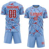 Custom Light Blue Red-White Abstract Network Crackle Sublimation Soccer Uniform Jersey