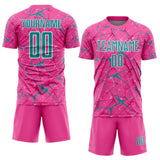 Custom Pink Teal-White Abstract Network Crackle Sublimation Soccer Uniform Jersey